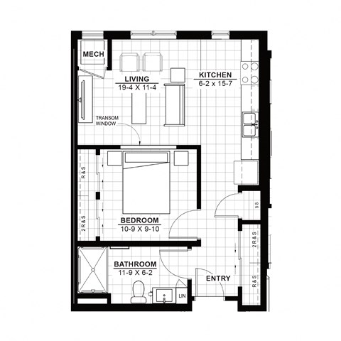 Floor plan for 1 bed, 1 bath